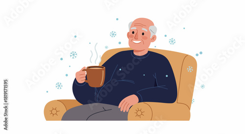 Contented senior man enjoying a hot drink in a cozy armchair during winter, surrounded by falling snowflakes. A warm and happy moment indoors.