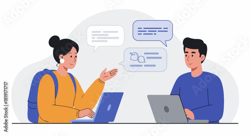 Digital collaboration and online discussion between two individuals using computers, with speech bubbles indicating virtual communication or learning.