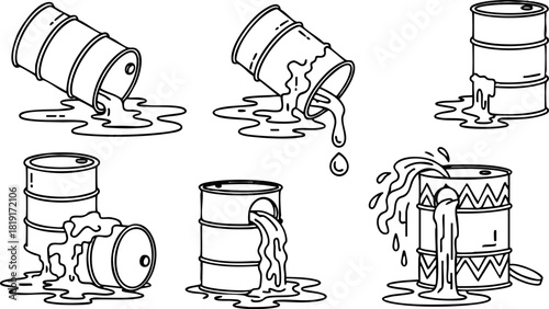 Oil barrels spilling liquid industrial pollution environmental hazard vector illustration