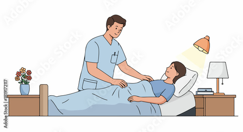 Compassionate Male Nurse Tends to Smiling Female Patient in Bed, Providing Comfort and Support in a Healthcare or Home Care Setting.