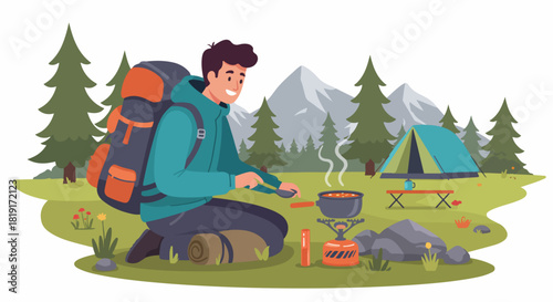 Happy young man enjoying outdoor camping, cooking a warm meal on a portable stove in a picturesque mountain and forest landscape with his tent pitched nearby.