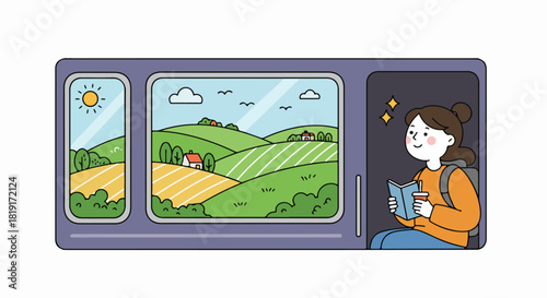 Young woman enjoys a peaceful train journey, reading a book while admiring picturesque rural landscapes and sunny fields outside.