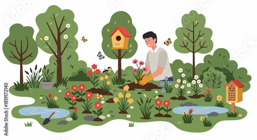 A man gardening, planting vibrant flowers in a colorful garden featuring ponds, a birdhouse, insect hotel, and playful butterflies, embracing nature's beauty.