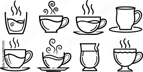 Hand drawn coffee cup collection hot beverage icons simple line art style vector illustration