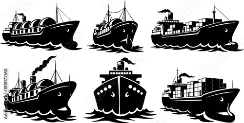 Black silhouette cargo ships and steamship boats vector icons in sea water waves design