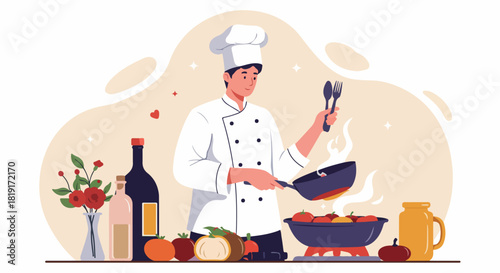 Professional male chef preparing a delicious, healthy meal in a vibrant kitchen setting, showcasing culinary expertise and fresh ingredients in a flat illustration.