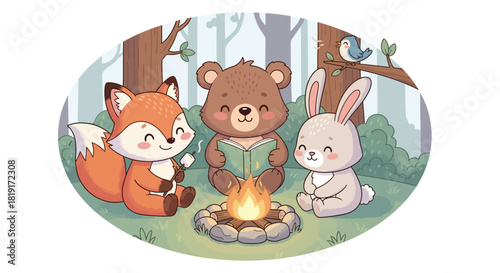 Whimsical woodland friends gather around a cozy campfire for story time, perfect for children's books and heartwarming designs with a touch of nature magic