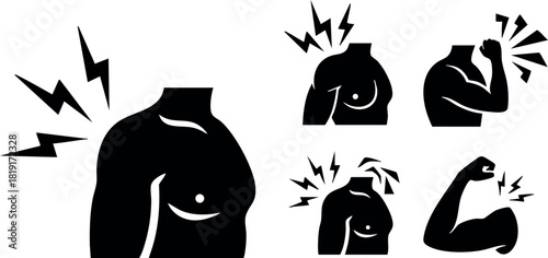 Shoulder and arm pain discomfort vector icons illustration with lightning symbols and human body parts silhouette