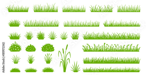 Solo green grass silhouette set. Collection of various green grass silhouettes, bushes, and plant elements in vector format. Suitable for nature designs, landscaping illustrations, backgrounds