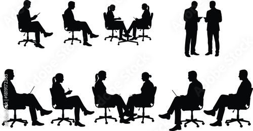 Silhouette collection of business people sitting and discussing in office chairs, corporate meeting communication teamwork concept, professional business discussion illustration