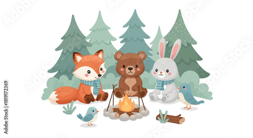 Adorable fox, bear, and rabbit friends gathered around a cozy campfire in the woods, perfect for children's books or nature-themed projects