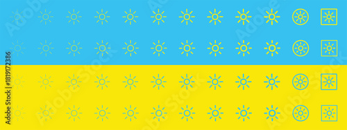 Brightness and Sun Icon Set with Blue and Yellow Theme – Outline Symbols for Display Controls.
