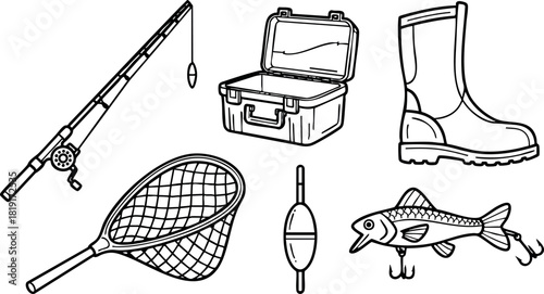 Fishing rod reel tackle box fishing boots net float fish vector illustration