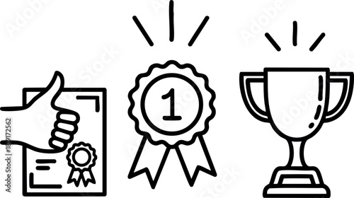 Award certificate thumbs up first place medal trophy cup line art vector illustration