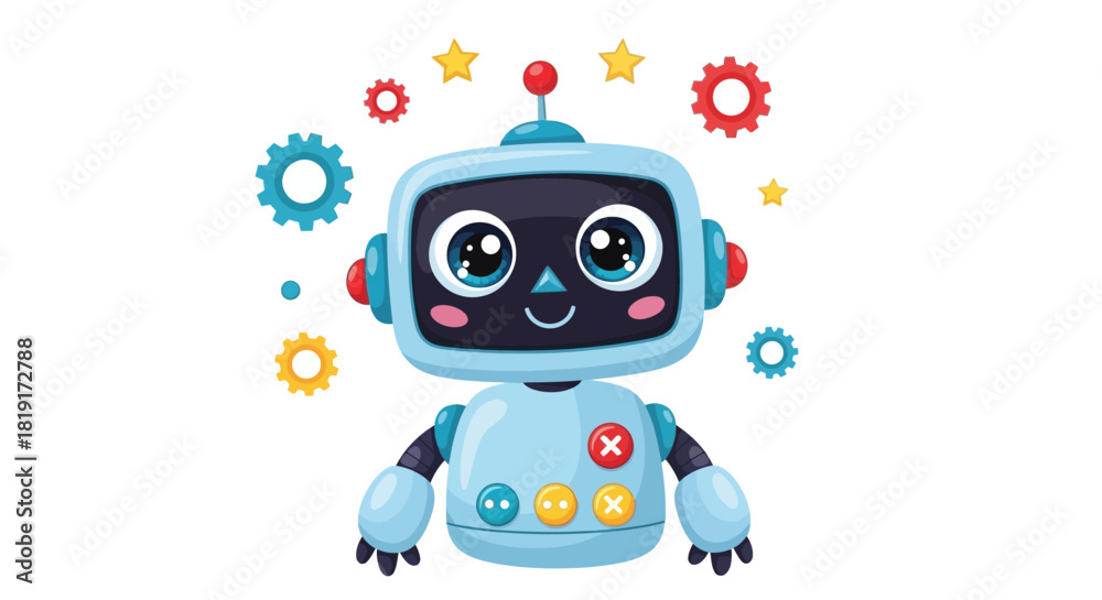 Fototapeta premium Adorable cartoon robot character with gears and stars, perfect for children's books, educational materials, or playful tech-themed designs and digital art
