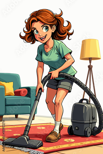 Girl vacuuming rug in living room, showcasing everyday household chores and cheerful atmosphere