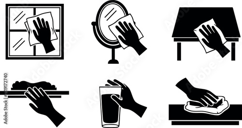 Cleaning hands wiping window mirror table surface glass vector icons set