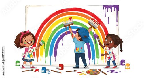 Joyful children create a vibrant rainbow painting together, a symbol of diversity, inclusion, and hope for educational and creative projects