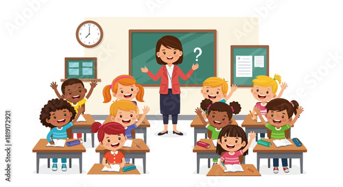 Engaging classroom scene with teacher and eager students raising hands, perfect for educational materials and back to school promotions with youthful energy