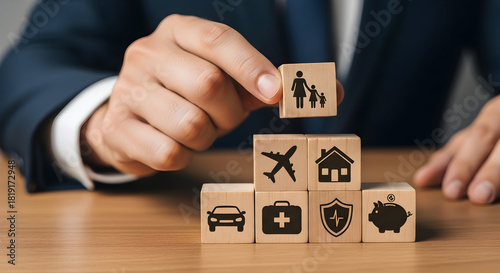 Hand arranging wooden blocks with insurance icons representing family travel home car health protection and savings illustrating financial planning and security for various life aspects
