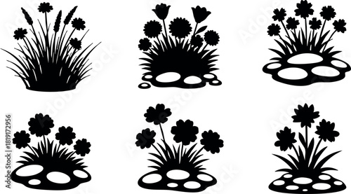 Black silhouette wildflower grass plants with stones nature garden vector illustration set