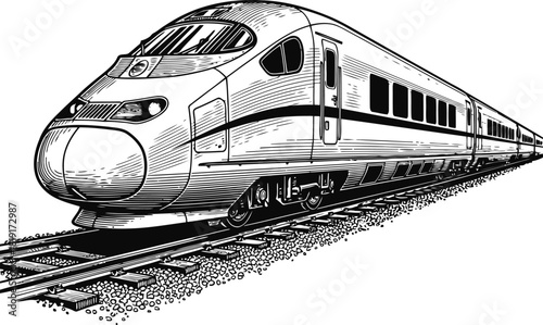 Engraving art engraving style illustration of a modern highspeed bullet train traveling rapidly along railway tracks