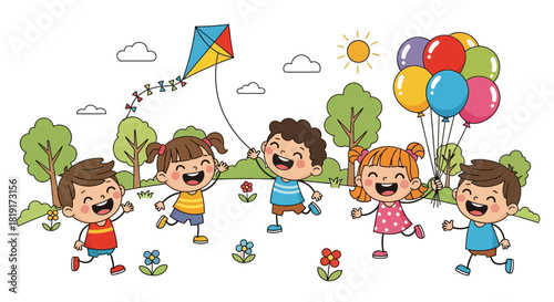 Joyful children playing with a colorful kite and balloons in a sunny park illustration, perfect for educational materials, children's books, and playful designs