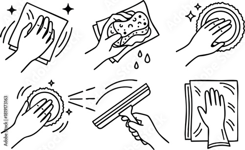 Hand cleaning tools and wiping surfaces with cloth sponge and squeegee vector illustration