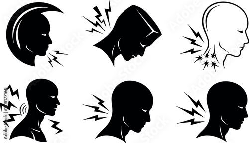 Headache pain icons vector illustration with human profiles in black and white simple style