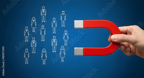 Hand holding a red magnet attracting line drawing people on a blue background illustrating talent acquisition recruitment hr strategy and attracting customers and leads for business growth