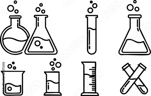 Science laboratory glassware vector set with flasks beakers test tubes and measuring cylinder icons