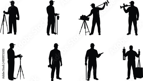 Silhouette collection of workers handling tripods, equipment, and professional tools, showcasing technical tasks, setup actions, and various field operation poses for industrial use