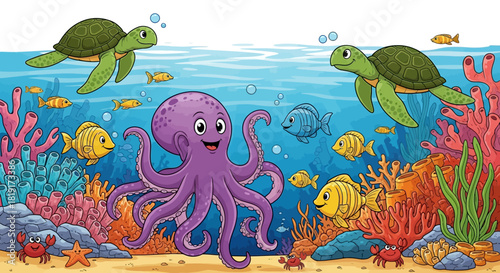 Dive into a colorful underwater world with friendly turtles, a charming octopus, and playful fish swimming around vibrant coral reefs perfect for kids!