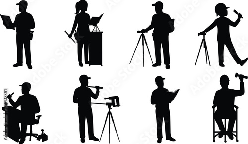 Silhouette collection of workers using tools, tripods, and technical equipment while reading plans, performing tasks, and completing various professional field and office activities