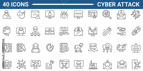 Cyber attack line icon set.  Includes Hacking, Data Breach, Malware Attack, Ransomware, and Phishing. Editable stroke. Vector illustration