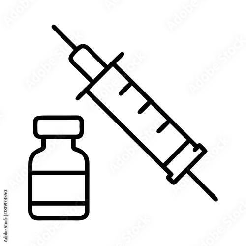 Simple line art icon of a medical syringe and vial for injection or vaccination