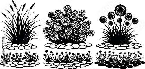 Decorative garden bushes with flowers and stones in silhouette style vector illustration