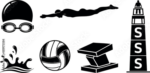 Swimming icons swimming cap goggles diving swimmer water splash volleyball anvil tower sport design vector illustration