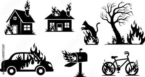 Fire burning house car mailbox bicycle tree and cat silhouette vector illustration black and white