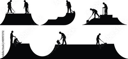 Silhouette construction workers building curved concrete ramps, teamwork on construction site using shovels and rollers, preparing structure foundation for urban project