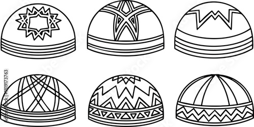 Traditional patterned caps vector set with geometric designs for cultural headwear illustration