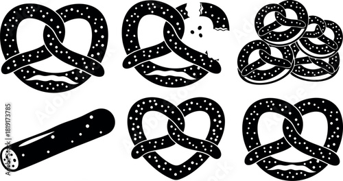 Black silhouette pretzel vector set with salty texture and crispy bread elements
