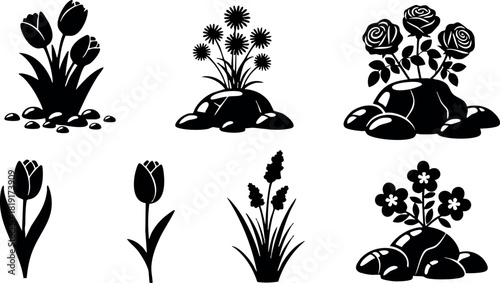 Black silhouette flower garden vector icons with tulip rose and wildflowers on rocks in nature vector illustration