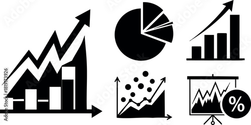Business growth charts and data analysis with pie chart and percentage vector icons for marketing success