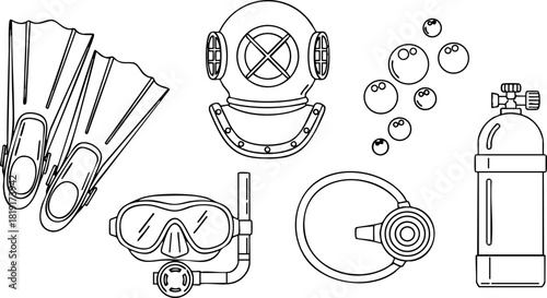 Diving equipment set with flippers mask snorkel helmet oxygen tank and regulator vector illustration