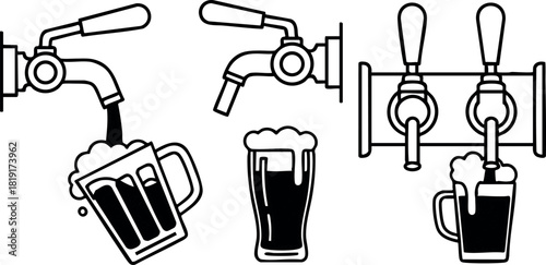 Beer tap pouring dark beer into glass mug with foam vector illustration design