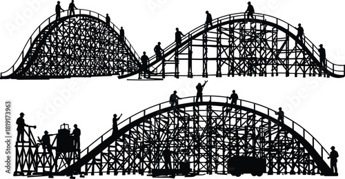 Silhouette construction workers building wooden roller coaster structure, teamwork assembling large amusement park ride framework with safety equipment and industrial precision