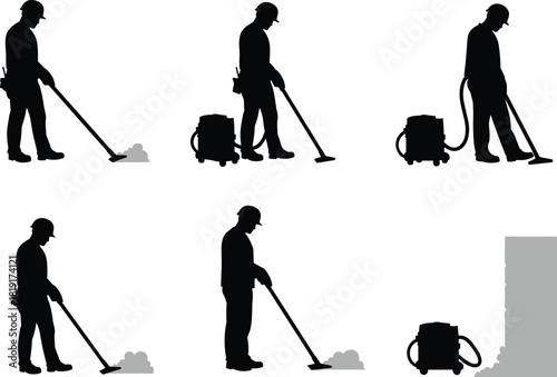 Silhouette construction workers cleaning floor using industrial vacuum cleaner, maintenance crew performing site cleanup after construction work, dust removal and surface preparation