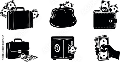 Money briefcase purse wallet safe cash bills hand holding vector icons set black and white design