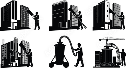 Silhouette construction workers cleaning tall buildings with industrial vacuum equipment, high rise maintenance and facade cleaning technology for modern architecture safety